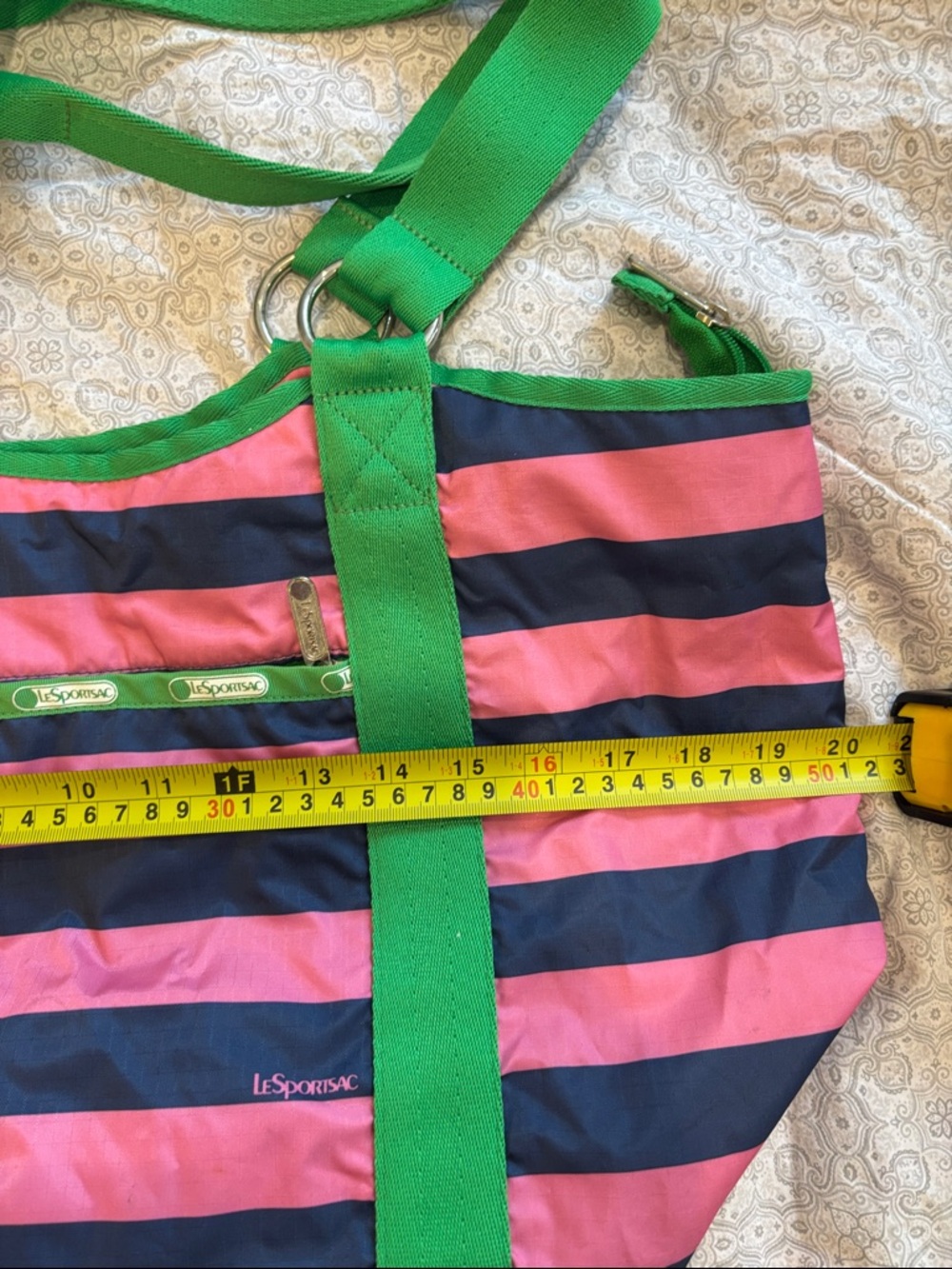 LeSportsac tote pink and blue stripes with green trim - Picture 6 of 11